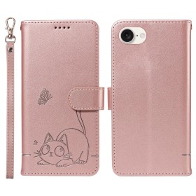 iPhone 17e kissakuvioitu ruusukulta puhelinlompakko rannehihnalla, jossa söpö kissakuva ja perhonen.