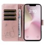 iPhone 17e kissakuvioitu ruusukulta puhelinlompakko rannehihnalla, jossa on korttipaikkoja ja söpö kissakuva.