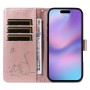 iPhone 17 kissakuvioitu ruusukulta puhelinlompakko rannehihnalla avattuna, korttipaikoilla ja kissakuviolla.