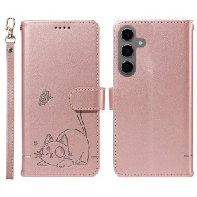 Samsung Galaxy S25 kissakuvioitu ruusukulta puhelinlompakko rannehihnalla, jossa söpö kissakuva ja perhonen.
