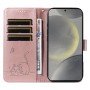 Samsung Galaxy S25 kissakuvioitu ruusukulta puhelinlompakko rannehihnalla avattuna, korttipaikoilla ja rahalla.