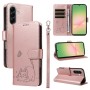 Samsung Galaxy A57 5G kissakuvioitu ruusukulta puhelinlompakko rannehihnalla, jossa on korttipaikkoja ja tuki.