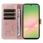 Samsung Galaxy A57 5G kissakuvioitu ruusukulta puhelinlompakko rannehihnalla, jossa korttipaikkoja ja söpö kissakuva.