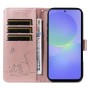Samsung Galaxy A37 5G kissakuvioitu ruusukulta puhelinlompakko rannehihnalla avattuna, korttipaikoilla ja rahalla.