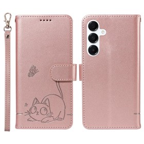 Samsung Galaxy A17 kissakuvioitu ruusukulta puhelinlompakko rannehihnalla, jossa on suloinen kissakuva ja perhonen.