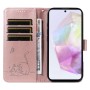 Samsung Galaxy A36 5G kissakuvioitu ruusukulta puhelinlompakko rannehihnalla, jossa korttipaikkoja ja söpö kissakuva.