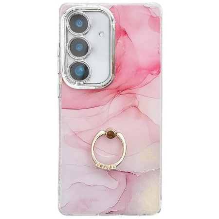 Samsung Galaxy A56 5G ruusukulta marmori sormuspidike suojakuori, jossa kauniit vaaleanpunaiset sävyt.