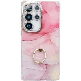 Samsung Galaxy S24 Ultra / S25 Ultra ruusukulta marmori sormuspidike suojakuori, jossa kauniit vaaleanpunaiset sävyt.