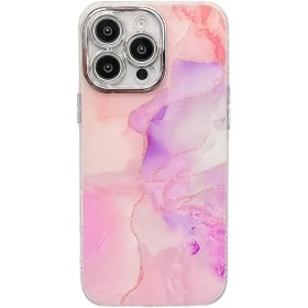 iPhone 16 Pro ruusukulta marmori suojakuori, jossa kauniit vaaleanpunaiset ja violetit sävyt.