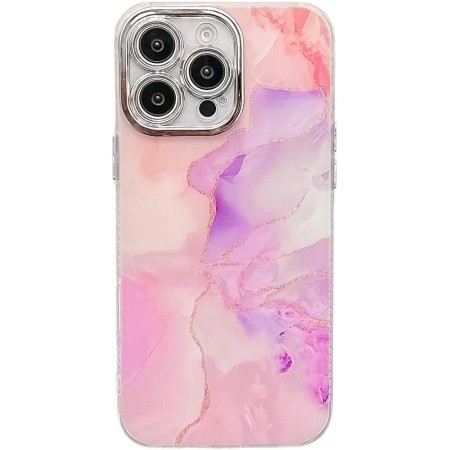 iPhone 16 Pro ruusukulta marmori suojakuori, jossa kauniit vaaleanpunaiset ja violetit sävyt.