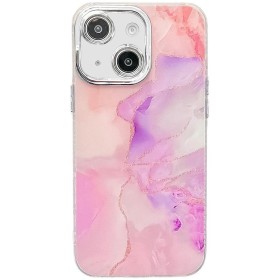 Tyylikäs iPhone 15 ruusukulta marmori suojakuori, jossa kauniit vaaleanpunaiset ja violetit sävyt.