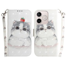 Honor 600 Lite valkoinen kissa suojakotelo, jossa suloinen kissakuva ja punainen tomaatti päässä.