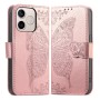 Honor 600 Lite ruusukulta perhonen suojakotelo avattuna, kauniilla perhoskuviolla ja koristeellisilla yksityiskohdilla.