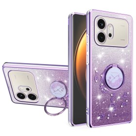 Honor 600 violetti glitter kukka sormuspidike suojakuori suojaa puhelintasi tyylikkäällä ja kimaltavalla designilla.