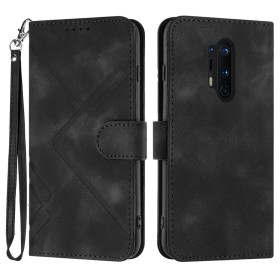 Tyylikäs OnePlus 8 Pro musta suojakotelo, jossa on kätevä hihna ja tyylikäs pintakuviointi.
