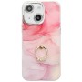 iPhone 13 / 14 ruusukulta marmori sormuspidike suojakuori kauniilla vaaleanpunaisella kuosisella.