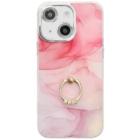 iPhone 13 / 14 ruusukulta marmori sormuspidike suojakuori kauniilla vaaleanpunaisella kuosisella.