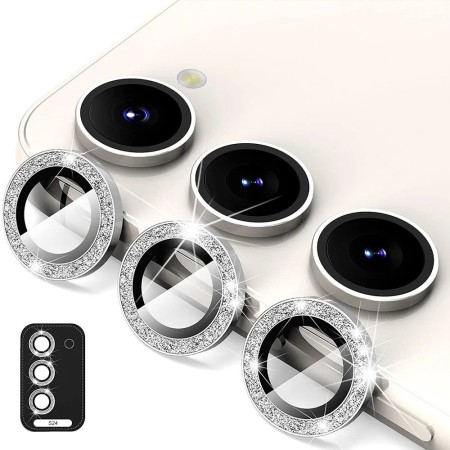 Samsung Galaxy S24 kameran linssinsuojat hopea glitter suojaavat kameran linssit tyylikkäästi ja tehokkaasti.