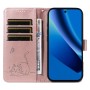 Google Pixel 10A ruusukulta kissa puhelinlompakko rannehihnalla avattuna, sisällä korttipaikkoja ja rahaa.