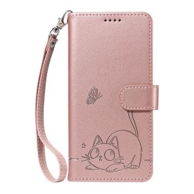 Samsung Galaxy S26 ruusukulta kissa puhelinlompakko rannehihnalla, jossa söpö kissakuva ja perhonen.