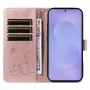 Samsung Galaxy S26 Plus ruusukulta kissa puhelinlompakko rannehihnalla avattuna, korttipaikoilla ja seteleille.