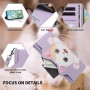 Samsung Galaxy A16 lila kissa puhelinlompakko rannehihnalla, jossa on useita korttipaikkoja ja tuki.