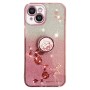 iPhone 13 Mini ruusukulta glitter kukka sormuspidike suojakuori, jossa kauniit kukkakuviot ja kimallusta.