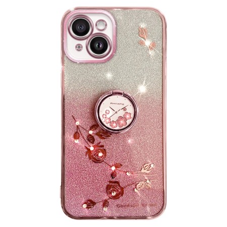 iPhone 13 Mini ruusukulta glitter kukka sormuspidike suojakuori, jossa kauniit kukkakuviot ja kimallusta.