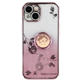 iPhone 15 ruusukulta glitter kukka sormuspidike suojakuori on tyylikäs ja kimaltava suojakuori, jossa on kukkakuviot.