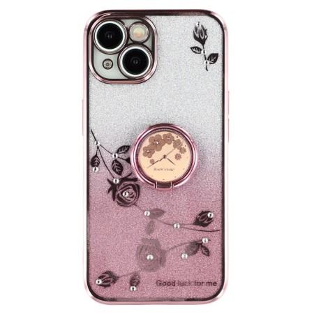 iPhone 15 ruusukulta glitter kukka sormuspidike suojakuori on tyylikäs ja kimaltava suojakuori, jossa on kukkakuviot.