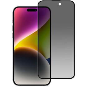 iPhone 15 Pro privacy panssarilasi suojaa näyttöä ja tarjoaa yksityisyyttä, näkyen kuvassa puhelimen edessä.