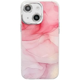 iPhone 13 / 14 pinkki marmori suojakuori, jossa kauniit vaaleanpunaiset ja valkoiset sävyt.