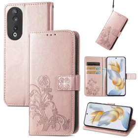 Honor 90 ruusukulta neliapila suojakotelo kannellinen kotelo jossa näkyy kukkakuvio korttitaskut ja kameran aukko