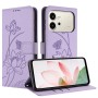 Honor 600 violetti suojakotelo lootuskukkakuviolla lompakkomallinen kotelo jossa lootuskukkakuviot kameraaukko ja puhelin tuettu