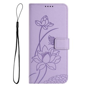 Honor 600 violetti suojakotelo lootuskukkakuviolla, kuvassa etukansi koristeltu lootuskukalla ja musta rannelenkki