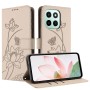 Beige lootuskukkakuvioinen Honor 600 Smart 5G suojakotelo taittuu helposti vaakatasoon jalustaksi ja suojaa näyttöä kannella.