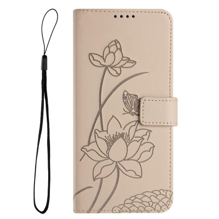 Beige lootuskukkakuvioinen Honor 600 Smart 5G suojakotelo taittuu vaakatasoon jalustaksi ja mukana on rannehihna.