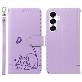Lila kissakuvioinen Samsung Galaxy A16 / A17 / A18 / A26 puhelinlompakko kulkee mukana rannelenkin kanssa.