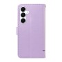 Lila Samsung Galaxy A16 / A17 / A18 / A26 puhelinlompakko viimeistelee puhelimen tyylikkäällä kissakuvioinnilla.