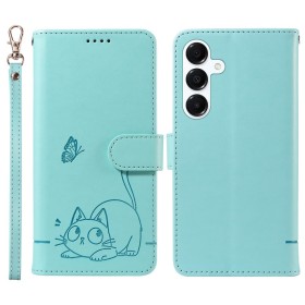 Mintunvihreässä Samsung Galaxy A16 / A17 / A18 / A26 puhelinlompakossa kulkee mukana myös irrotettava rannelenkki.