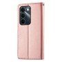 Realme C100 5G lompakkokotelo suojaa puhelinta tyylikkäällä ruusukultaisella kuorella.