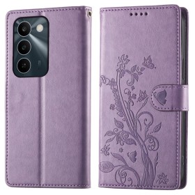 Realme C100 5G lompakkokoteloa koristaa violetti perhoskuviointi.