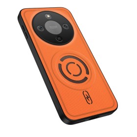 Honor Magic8 Lite 5G magneettikuoressa oranssi kangasmainen pinta tuo puhelimelle pitoa ja ilmettä.