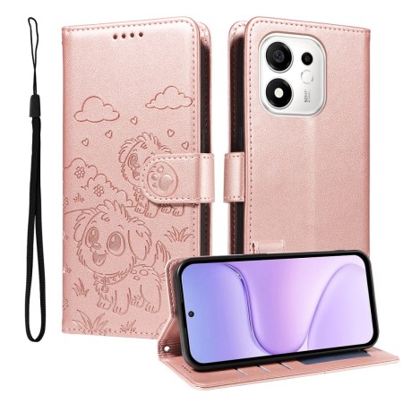Ruusukullanvärisessä Honor 600 Smart 5G suojakotelossa on koirakuviointi, rannelenkki ja vaakasuoraan taittuva jalusta.
