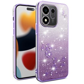 Honor 600 Smart 5G suojakuoren violetti glitterpinta viimeistelee puhelimen näyttävällä ilmeellä.