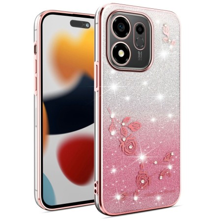 Ruusukultainen glitterkuori koristaa Honor 600 Smart 5G puhelinta kukkakuviolla.
