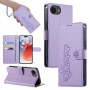 Violetti iPhone 16e / 17e suojakotelo avautuu lompakoksi ja taittuu vaakatasoon jalustaksi.