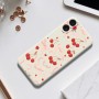 iPhone 17 suojakuori tuo esiin beigen pinnan rusetti ja kirsikkakuviolla.
