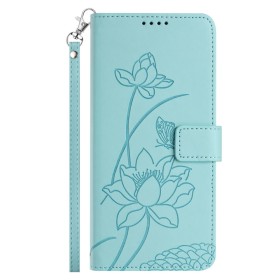 Motorola Moto G67 lompakkokotelon lootuskukkakuvio tuo pintaan kevyen koristeellisen ilmeen.