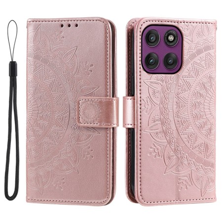 Motorola Moto G87 lompakkokotelon ruusukultainen mandalakuvio tuo pintaan koristeellisen ilmeen.
